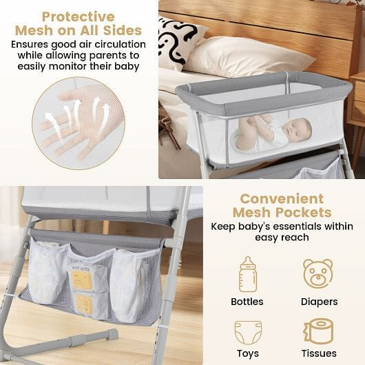 Baby Bassinet Bedside Crib with Adjustable Height Comfy Mattress-Gray-0