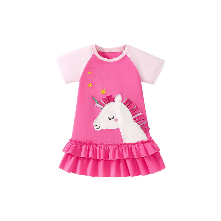 Summer Arrival Cartoon Unicorn Pattern Short Sleeves Dress for Stylish Girls-4