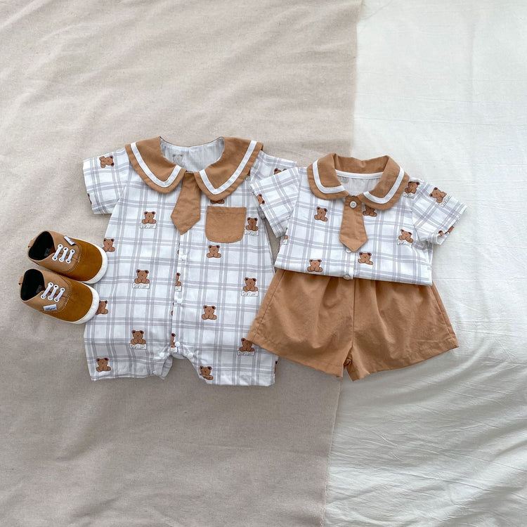 Summer Baby Teddy Pattern Plaid Short-Sleeved Romper And Clothing Sets For Boys β Brother Matching Set-1