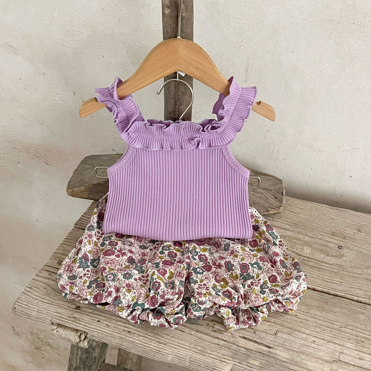 Summer Hot Selling Baby Girls Sleeveless Solid Color Strap Top And Floral Shorts Clothing Set-3