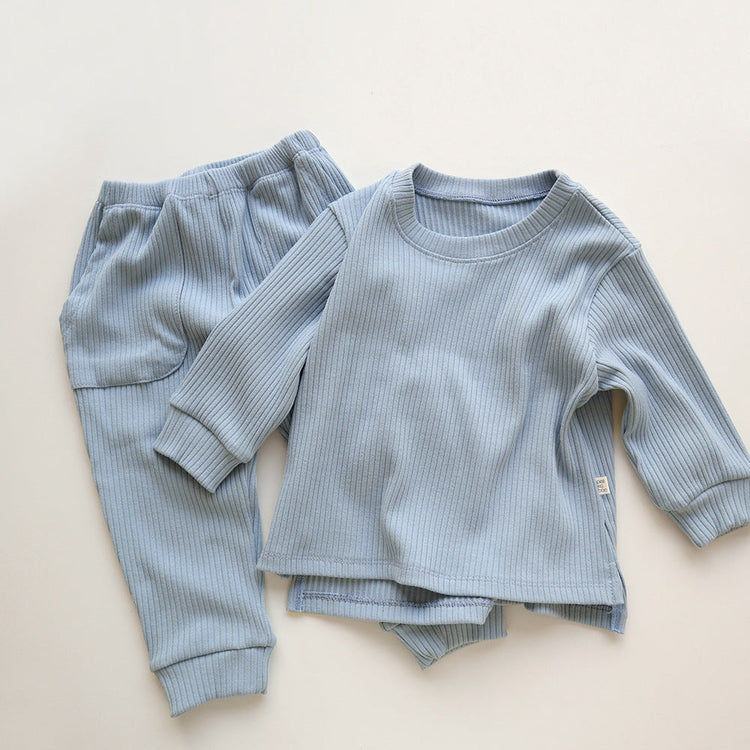 Spring and Autumn Kids Unisex Casual Solid Color Long Sleeves Striped Top and Pants Knitted Clothing Set-3