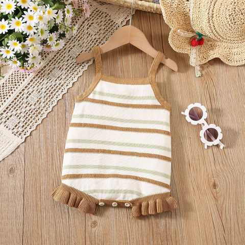 Summer Arrival Baby Girls Cute Thin Striped Pattern Sleeveless Strap Onesies-0