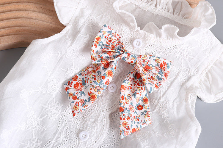 Baby Girl Embroidery Pattern Round Neck Mullet Design Sleeveless Cardigan Onesies With Bow Decorations-4