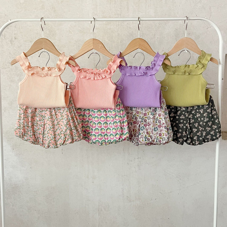 Summer Hot Selling Baby Girls Sleeveless Solid Color Strap Top And Floral Shorts Clothing Set-0