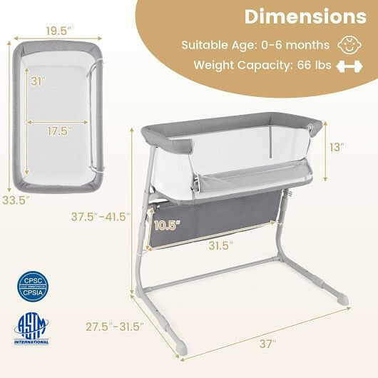 Baby Bassinet Bedside Crib with Adjustable Height Comfy Mattress-Gray-1