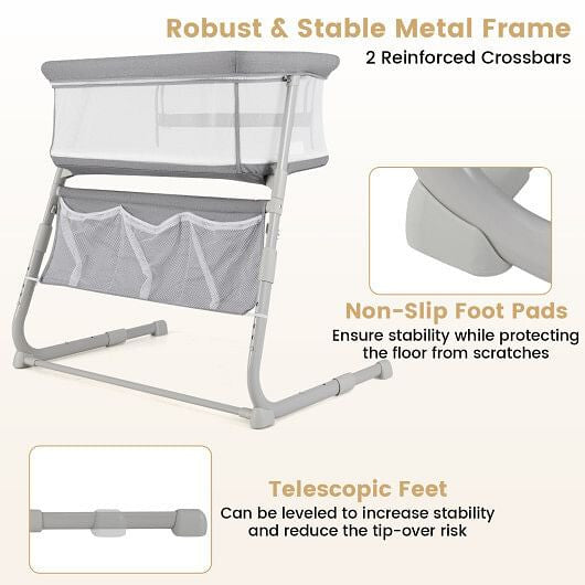 Baby Bassinet Bedside Crib with Adjustable Height Comfy Mattress-Gray-3