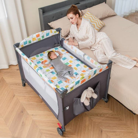 Grey Foldable Baby/Toddler Playpen Bassinet Bed Crib Music Box-0