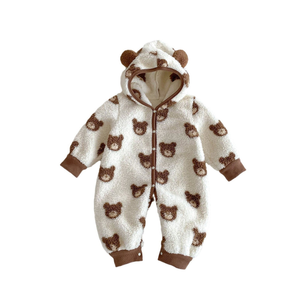 Winter Arrival Baby Cute Teddy Hooded Design Warm Fleece Rompers-0