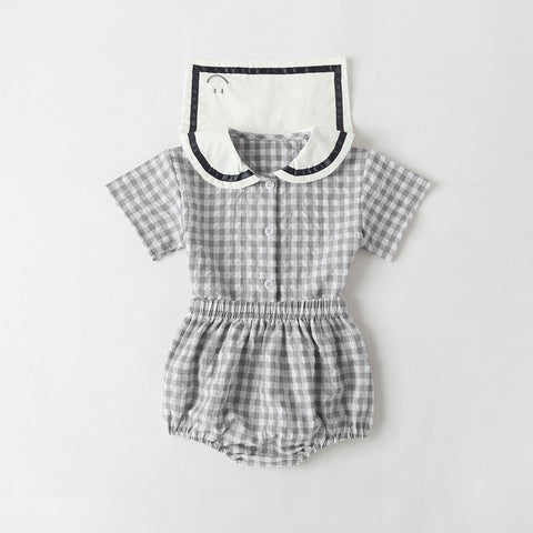 Baby Girl 1pcs Plaid Pattern Contrast Tape Lapel Design Combo Shorts Sets-0