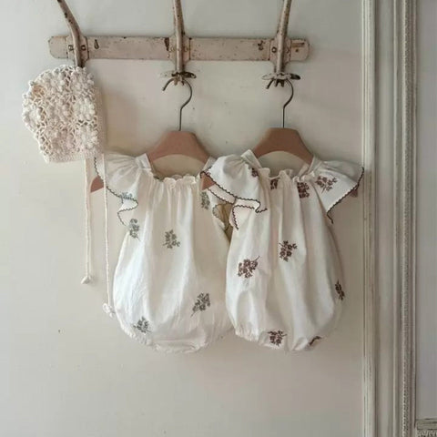 Summer Hot Selling Baby Kids Girls Fly Sleeves Flowers Pattern Embroidered Princess Onesies-0