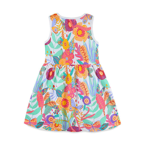 Summer Pure Cotton Cartoon Jungle Floral Pattern Sleeveless Dress for Stylish Girls-0