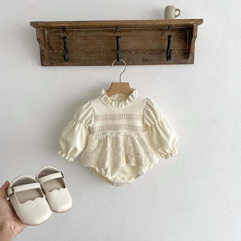Baby Girls Long Sleeves Embroidery Lace Trim Onesie-0