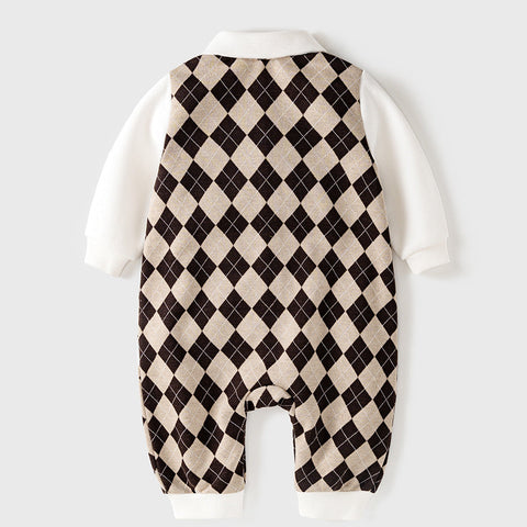 Autumn Newborn Plaid Pattern Polo Neck Rompers-0
