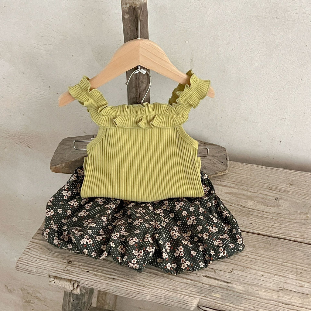 Summer Hot Selling Baby Girls Sleeveless Solid Color Strap Top And Floral Shorts Clothing Set-2