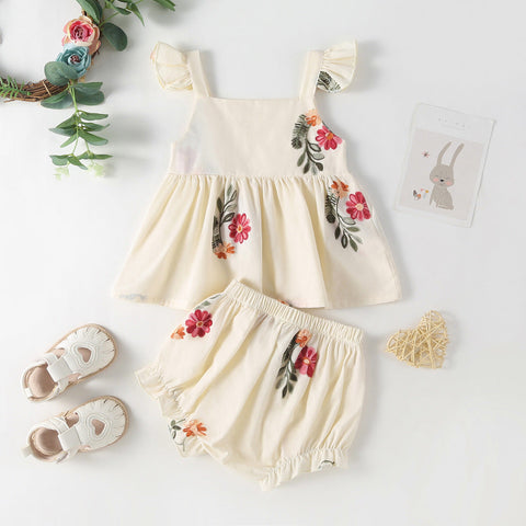 Summer Baby Kids Girls Floral Pattern Sleeveless Strap Top Dress And Bloomers Clothing Set/ Onesies-0
