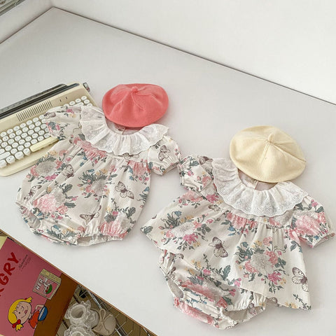 Summer Baby Girls Flowers And Butterfly Pattern Short Sleeves Onesies/Dress-0