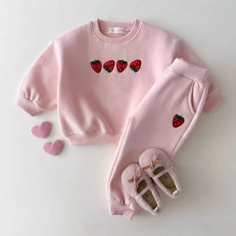 Autumn Baby Kids Unisex Casual Strawberry Embroidered Pattern Long Sleeves Top Pullover and Pants Clothing Set-0