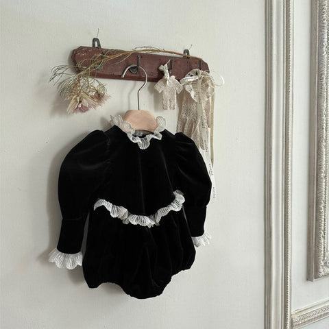 New Arrival Baby Girls Black Long Sleeves Lace Trim Onesie-0