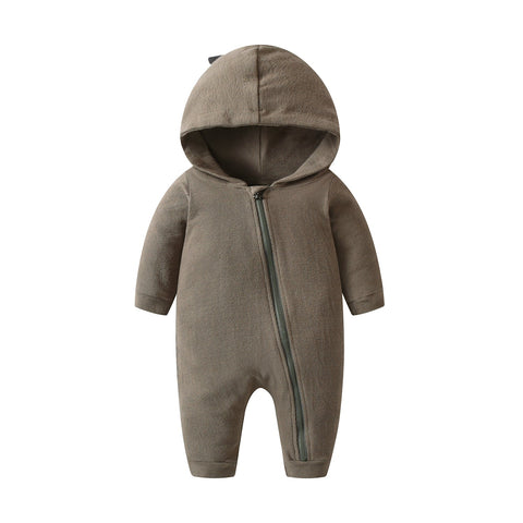 Baby Boy Solid Dinosaur Pattern Zip Design Hoodie Jumpsuit-0