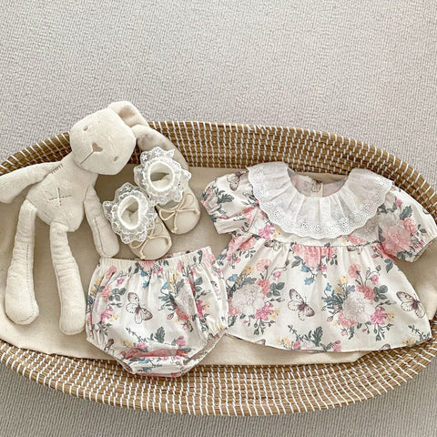 Summer Baby Girls Flowers And Butterfly Pattern Short Sleeves Onesies/Dress-0