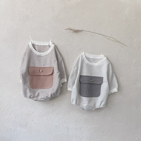 Baby Girl Striped Pattern Big Pocket Design Newborn Bodysuit-0