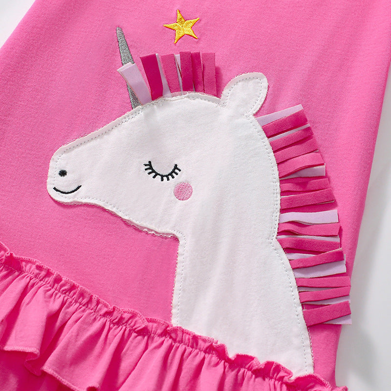 Summer Arrival Cartoon Unicorn Pattern Short Sleeves Dress for Stylish Girls-2