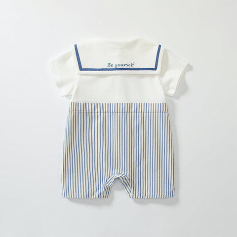 Summer Arrival Baby Boys Short Sleeves Cute Striped Pattern Navy Style Rompers-0