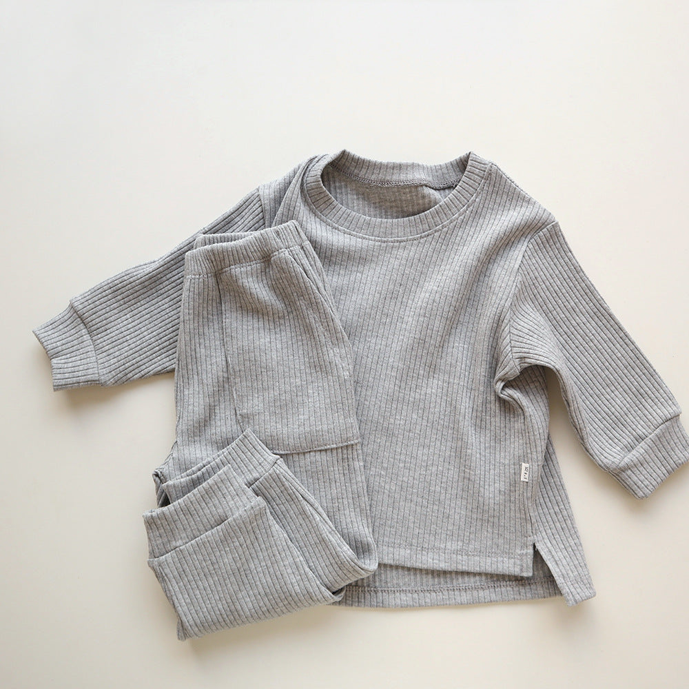 Spring and Autumn Kids Unisex Casual Solid Color Long Sleeves Striped Top and Pants Knitted Clothing Set-0