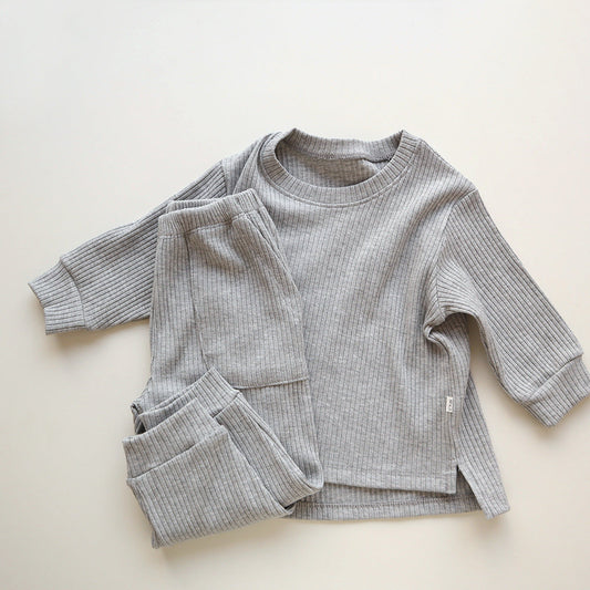 Spring and Autumn Kids Unisex Casual Solid Color Long Sleeves Striped Top and Pants Knitted Clothing Set-0