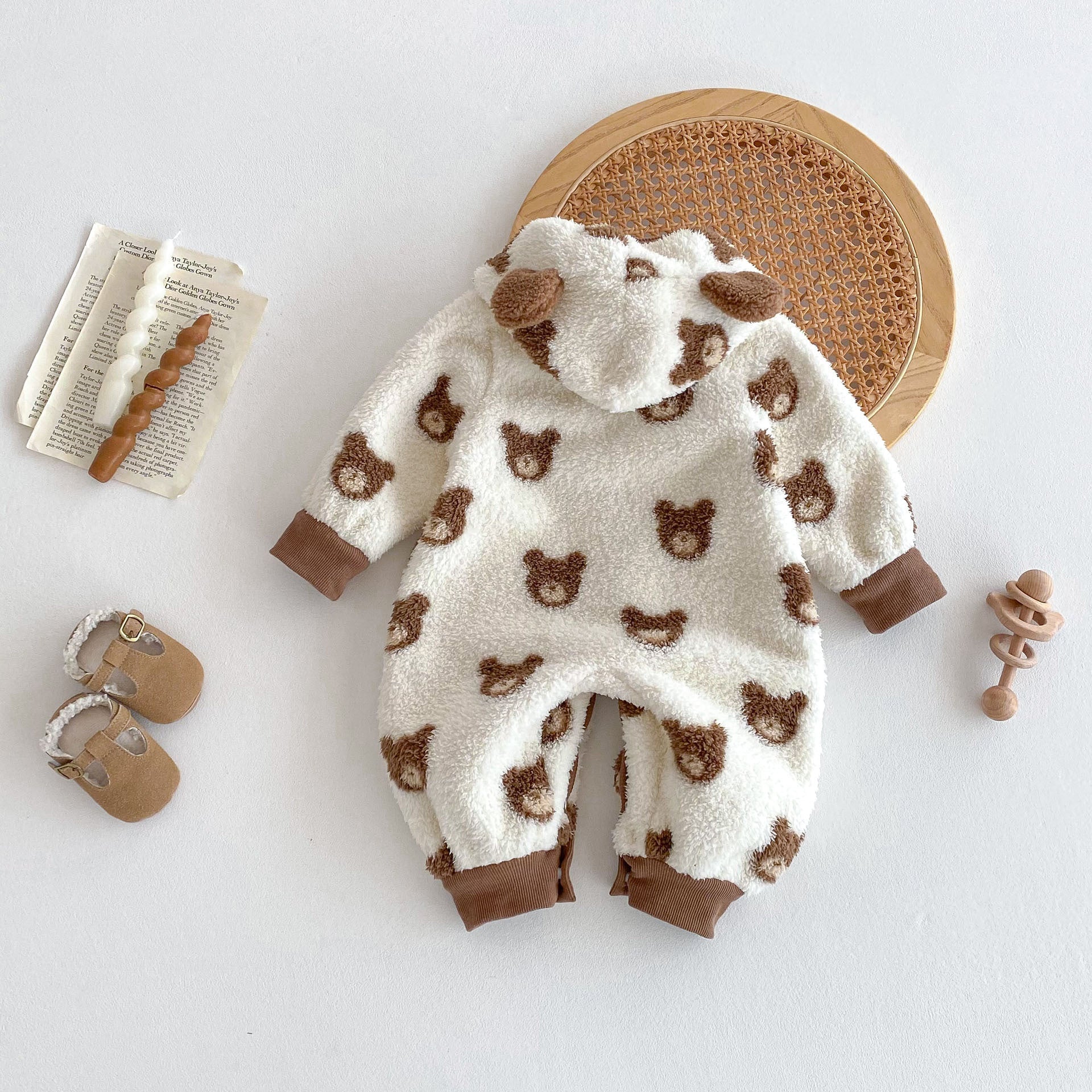 Winter Arrival Baby Cute Teddy Hooded Design Warm Fleece Rompers-2
