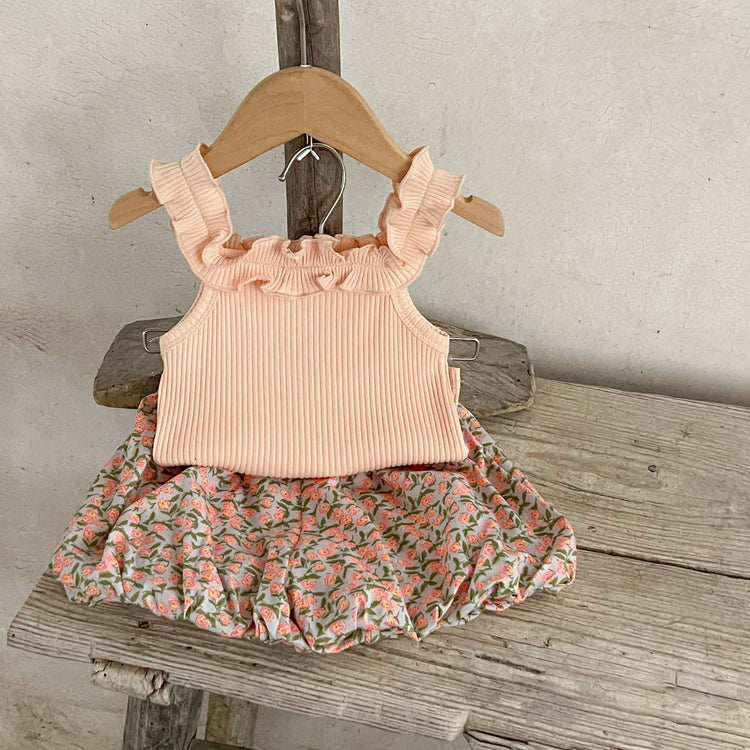 Summer Hot Selling Baby Girls Sleeveless Solid Color Strap Top And Floral Shorts Clothing Set-4