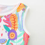 Summer Pure Cotton Cartoon Jungle Floral Pattern Sleeveless Dress for Stylish Girls-3