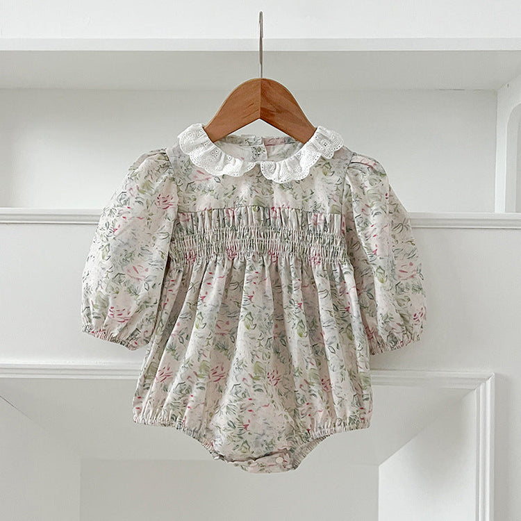 Arrival Autumn Baby Kids Girls Long Sleeves Light Green Floral French Collar Onesies and Dress – Princess Sister Matching Set-3