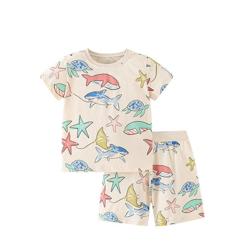 Summer Baby Kids Girls Marine Animals Cartoon Pattern Short Sleeves T-Shirt And Shorts Casual Clothing Set-0