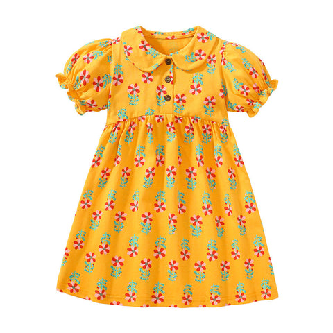 Baby Kids Girls Peter Pan Collar Floral Design Short Sleeves Dress-0