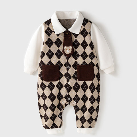 Autumn Newborn Plaid Pattern Polo Neck Rompers-0