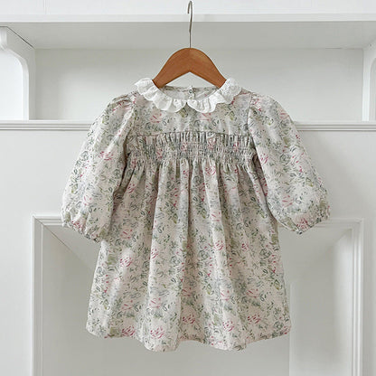 Arrival Autumn Baby Kids Girls Long Sleeves Light Green Floral French Collar Onesies and Dress – Princess Sister Matching Set-4