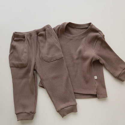 Spring and Autumn Kids Unisex Casual Solid Color Long Sleeves Striped Top and Pants Knitted Clothing Set-2