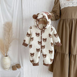 Winter Arrival Baby Cute Teddy Hooded Design Warm Fleece Rompers-4