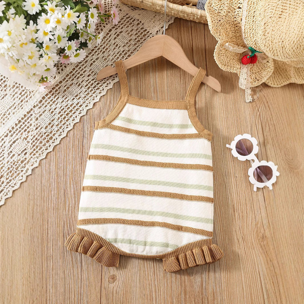Summer Arrival Baby Girls Cute Thin Striped Pattern Sleeveless Strap Onesies-1