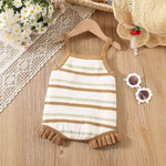Summer Arrival Baby Girls Cute Thin Striped Pattern Sleeveless Strap Onesies-1