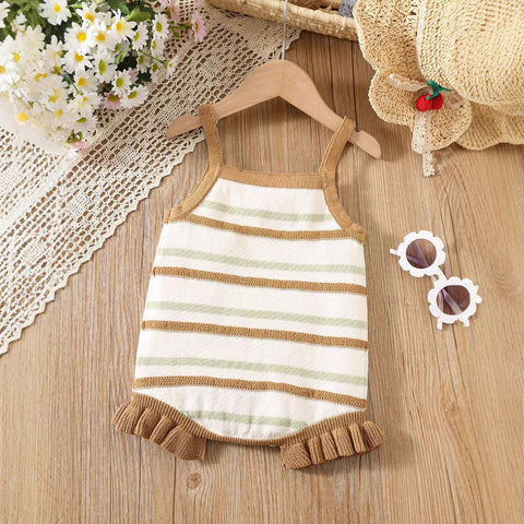 Summer Arrival Baby Girls Cute Thin Striped Pattern Sleeveless Strap Onesies-0