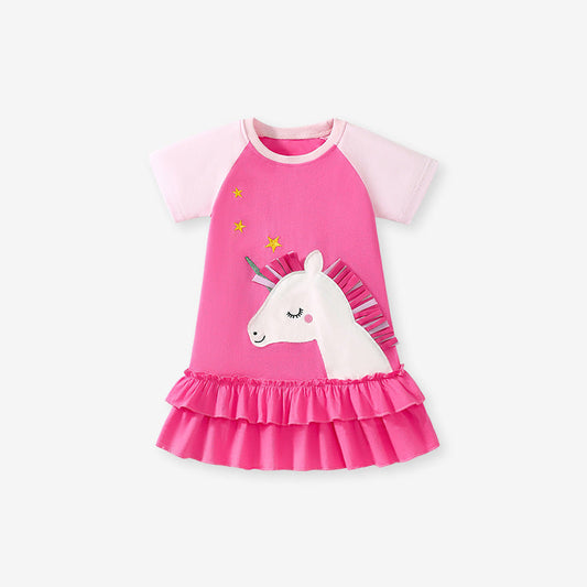 Summer Arrival Cartoon Unicorn Pattern Short Sleeves Dress for Stylish Girls-0