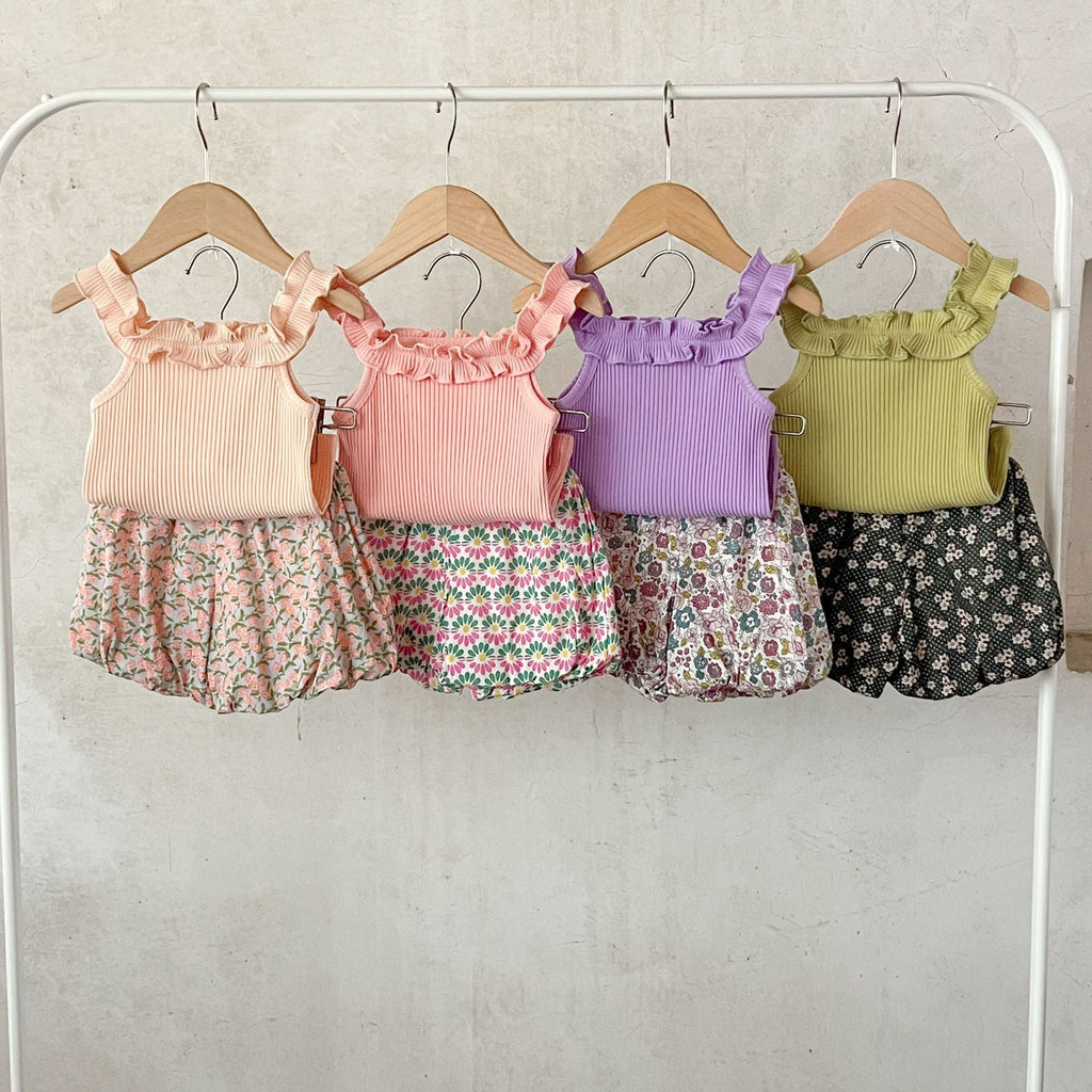 Summer Hot Selling Baby Girls Sleeveless Solid Color Strap Top And Floral Shorts Clothing Set-0