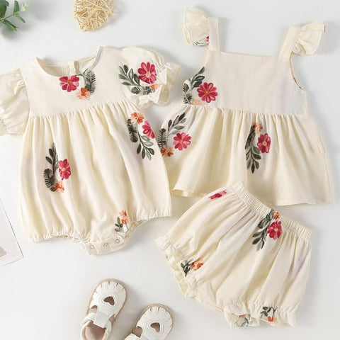 Summer Baby Kids Girls Floral Pattern Sleeveless Strap Top Dress And Bloomers Clothing Set/ Onesies-0