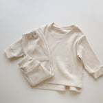 Spring and Autumn Kids Unisex Casual Solid Color Long Sleeves Striped Top and Pants Knitted Clothing Set-1