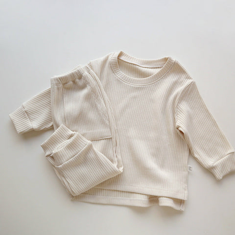 Spring and Autumn Kids Unisex Casual Solid Color Long Sleeves Striped Top and Pants Knitted Clothing Set-0